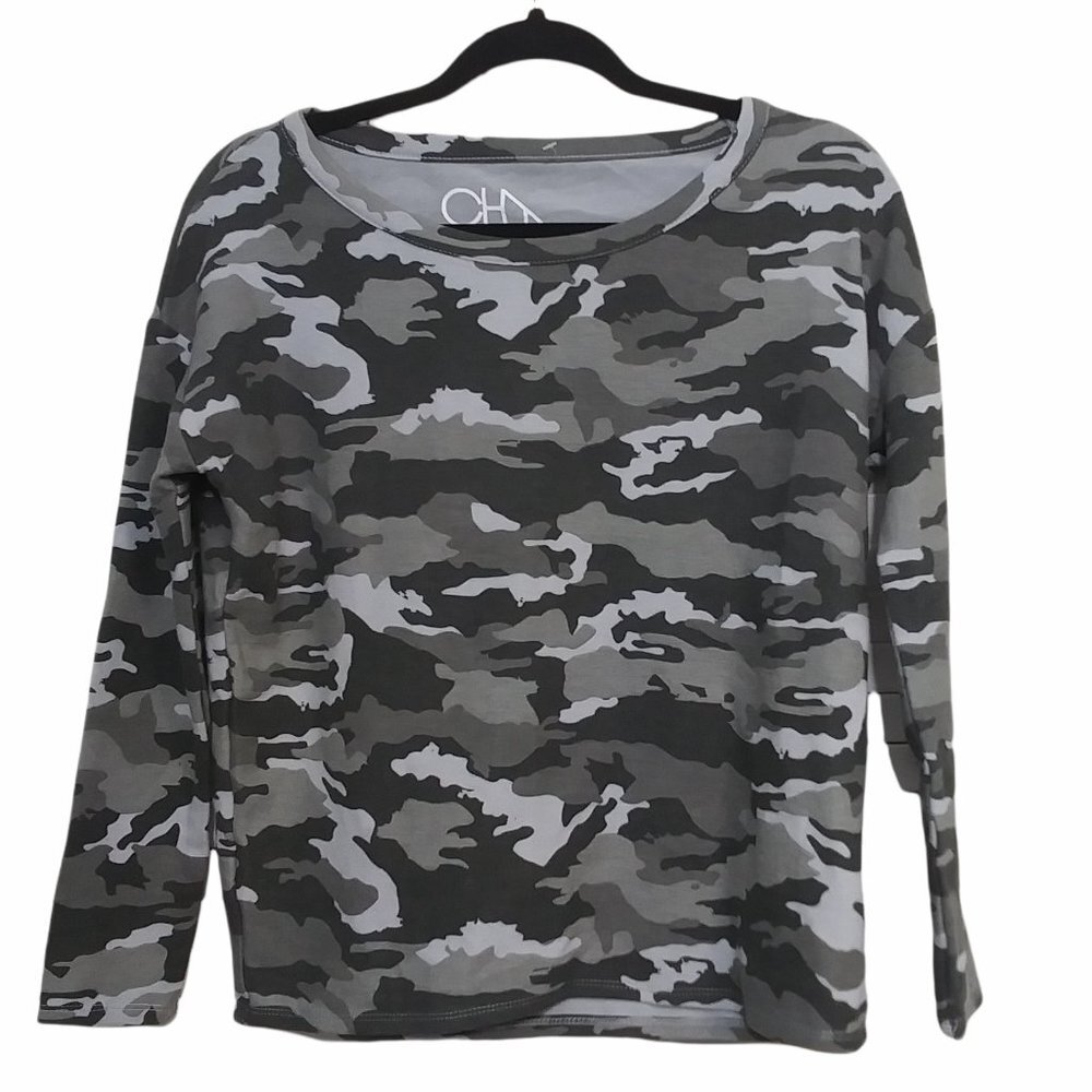 Chaser Sweatshirt Womens Small Gray Wide Neck Camo Dolman Sleeve Pullover‎ NEW